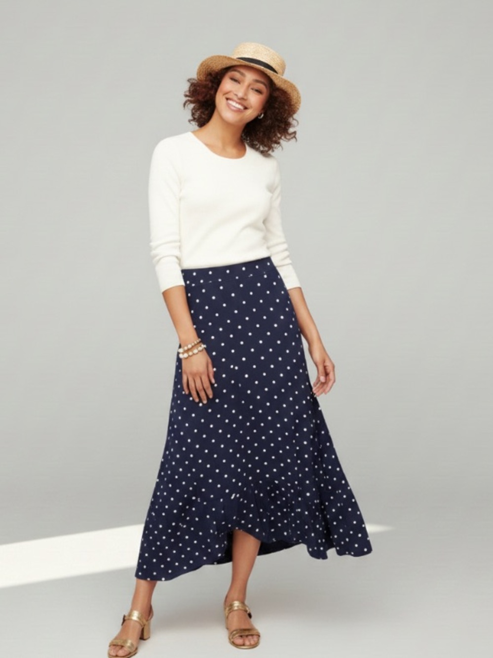 NWT Talbots Flounce Hem Navy Blue White Polka Dot Maxi Skirt Size Medium Petite